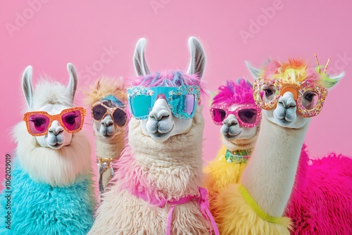 Creative animal concept. Group of lama in funky Wacky wild mismatch colourful outfits on bright background advertisement, copy space. birthday party invite invitation banner 