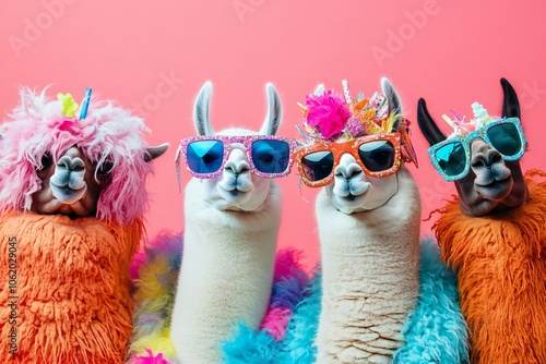 Creative animal concept. Group of lama in funky Wacky wild mismatch colourful outfits on bright background advertisement, copy space. birthday party invite invitation banner 