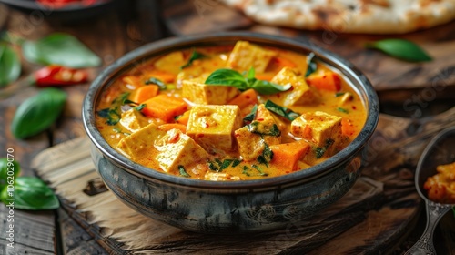 Closeup of an appetizing and flavorful tofu curry dish served in a wooden bowl on a rustic wooden table The curry is made with a blend of aromatic Indian spices fresh herbs and coconut milk