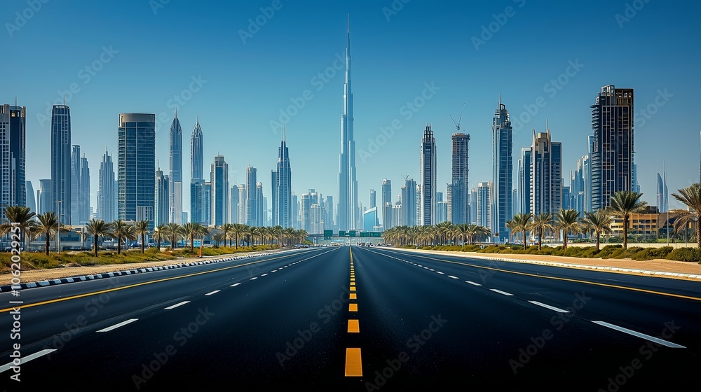 Fototapeta premium Empty Urban Highway with Skyscrapers in Background