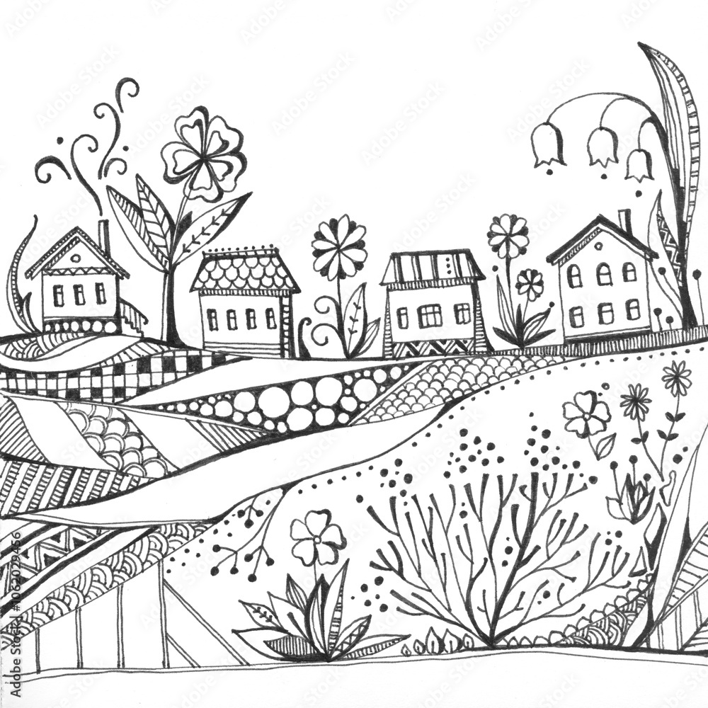 Magic black and white landscape with rural houses and huge flowers. Coloring book. Beautiful summer illustration. Magic black and white landscape with rural houses and huge flowers. Coloring book. Beautiful summer illustration.