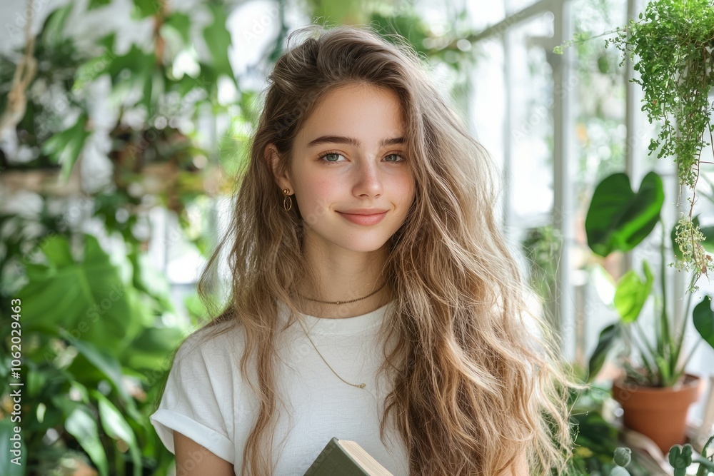 Portrait of young beautiful girl with long wavy blonde hair holding book in hands
