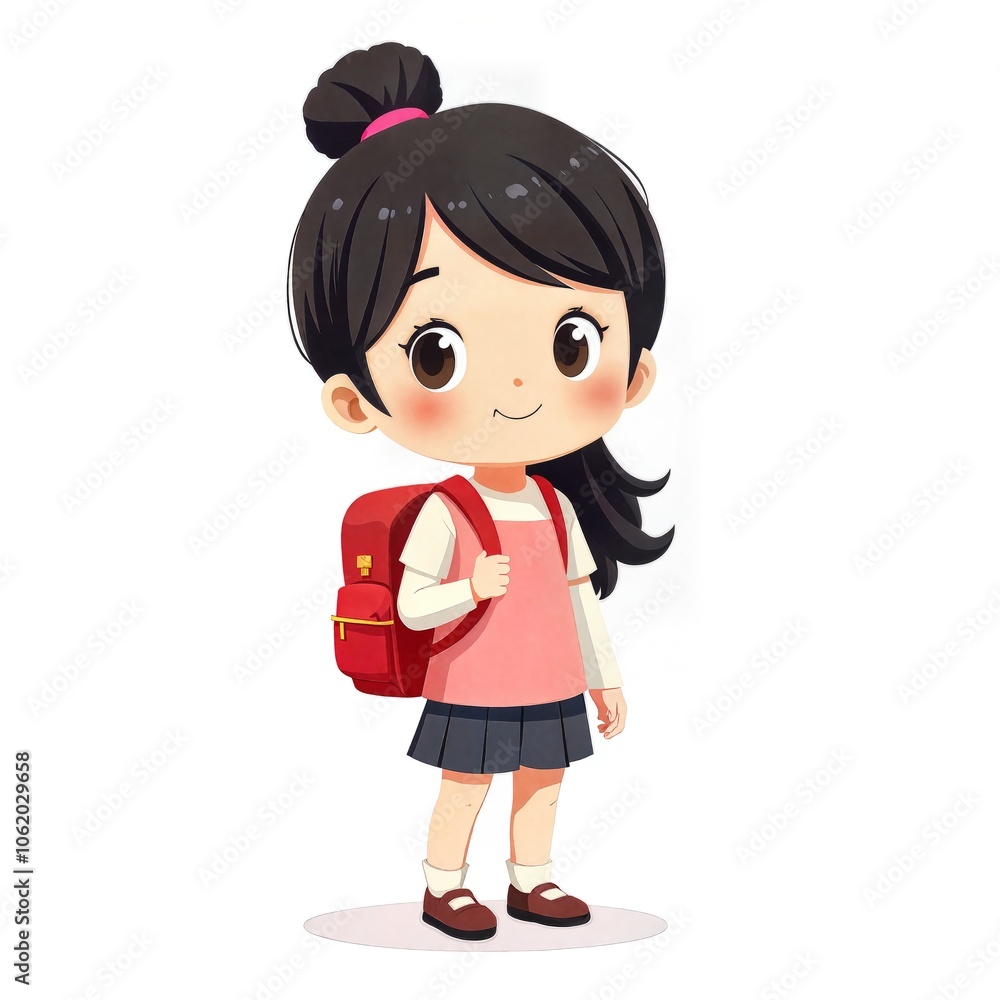 Cheerful Schoolgirl with Red Backpack Illustration Cheerful Schoolgirl with Red Backpack Illustration