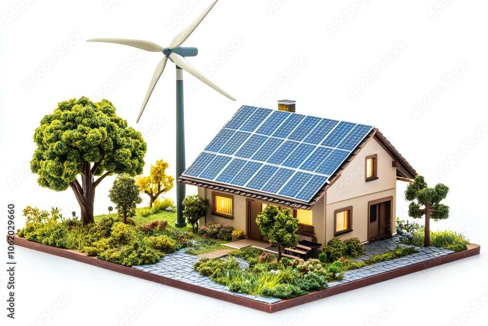 Remote renewable energy setup with solar panels and wind turbine isolated on white background Remote renewable energy setup with solar panels and wind turbine isolated on white background