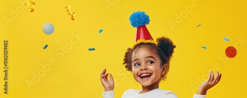 A joyful child in a party hat, celebrating with vibrant confetti against a bright yellow background. Perfect for birthday and children's event promotions.