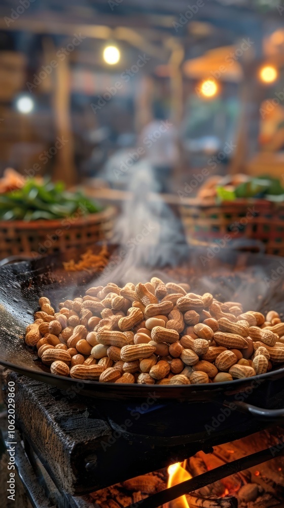 Vibrant chili peppers and spices sizzling over an open fire on a rustic outdoor market stall with baskets of fresh local produce in the background creating a lively and authentic culinary scene Vibrant chili peppers and spices sizzling over an open fire on a rustic outdoor market stall with baskets of fresh local produce in the background creating a lively and authentic culinary scene