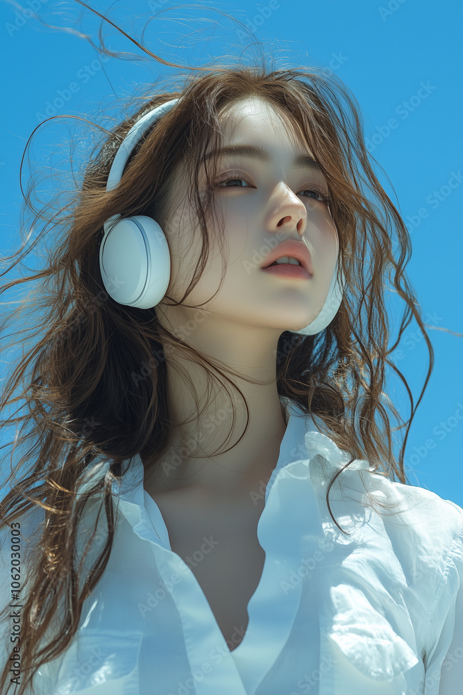 A confident Asian woman wearing headphones with flowing hair blowing in the wind, exuding elegance. A confident Asian woman wearing headphones with flowing hair blowing in the wind, exuding elegance.