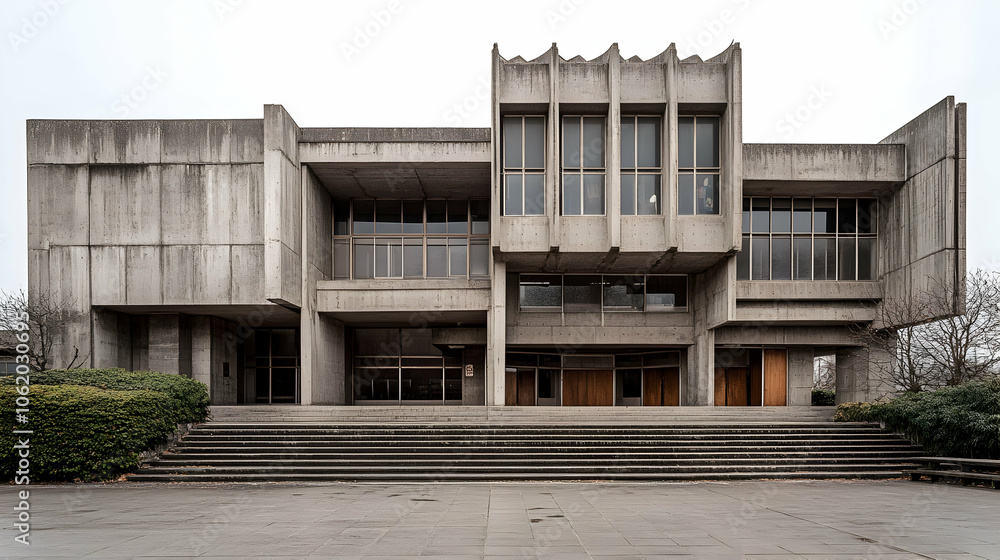 Fototapeta premium A symmetrical brutalist building featuring raw concrete textures and vertical windows, emphasizing simplicity and structural form.