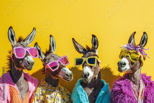 Creative animal concept. Group of donkeys in funky Wacky wild mismatch colourful outfits on bright background advertisement, copy space. birthday party invite invitation banner