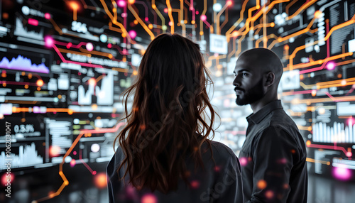 Two professionals stand confidently in a high-tech environment, surrounded by glowing data visualizations and futuristic digital interfaces.