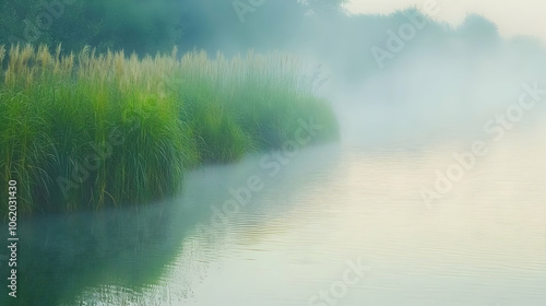 A peaceful foggy river surrounded by lush green grass, with a soft mist adding an ethereal and dreamlike quality to the scene photo