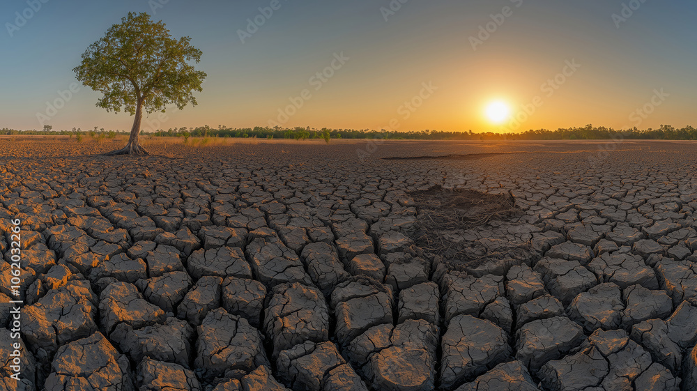 Fototapeta premium Drought Landscape with Cracked Earth at Sunset