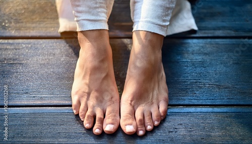 Woman's female feet on the wooden floor, closeup