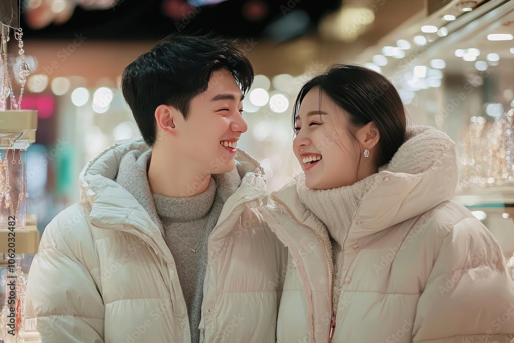 Fototapeta premium Young Asian Couple Shopping for Jewelry, Smiling at Each Other with Diamonds and Gemstones Displayed in Mall