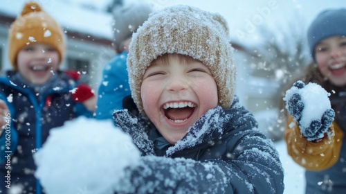 Snowy winter morning, happy sweet children playing snowballs.