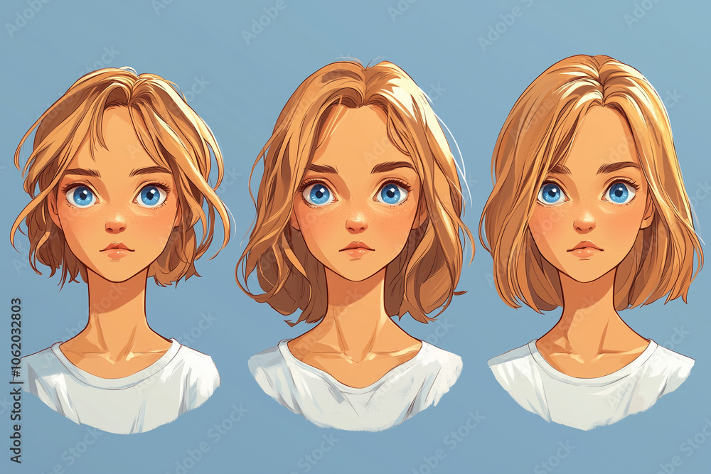 Blonde, junge Frau mit verschiedenen Gesichtsausdrücken und Winkeln in Illustration
Blonde, junge Frau mit verschiedenen Gesichtsausdrücken und Winkeln in Illustration