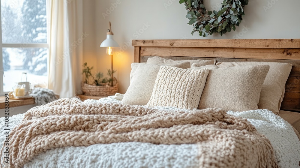 Peaceful light-colored painted bedroom and bed in a rustic authentic mountain house during winter Peaceful light-colored painted bedroom and bed in a rustic authentic mountain house during winter