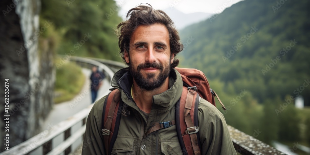 A male tourist stands on a mountain bridge in the Alps. Generative AI. A male tourist stands on a mountain bridge in the Alps. Generative AI.