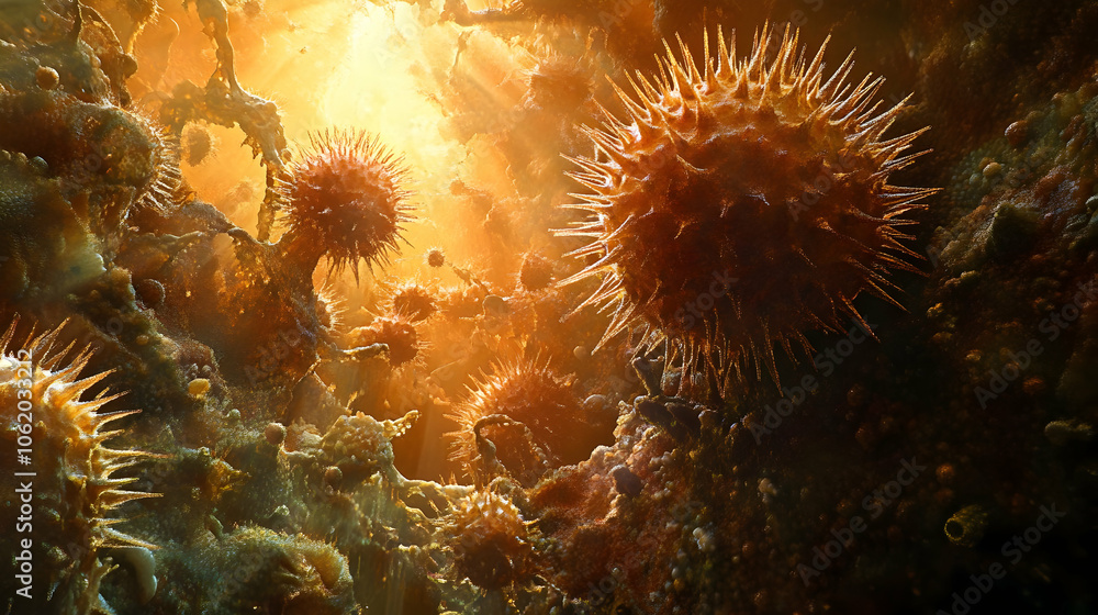 Obraz premium An abstract representation of spiky, spherical objects glowing in a warm golden light, resembling a surreal underwater or microbial world, showcasing intricate textures and dynamic depth.