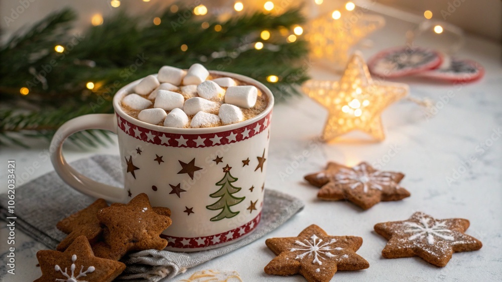 A festive scene with a mug of hot chocolate decorated with marshmallows and gingerbread cookies in the shape of a star. Surrounded by even more cookies, lollipops and twinkling lights, creating a cozy A festive scene with a mug of hot chocolate decorated with marshmallows and gingerbread cookies in the shape of a star. Surrounded by even more cookies, lollipops and twinkling lights, creating a cozy