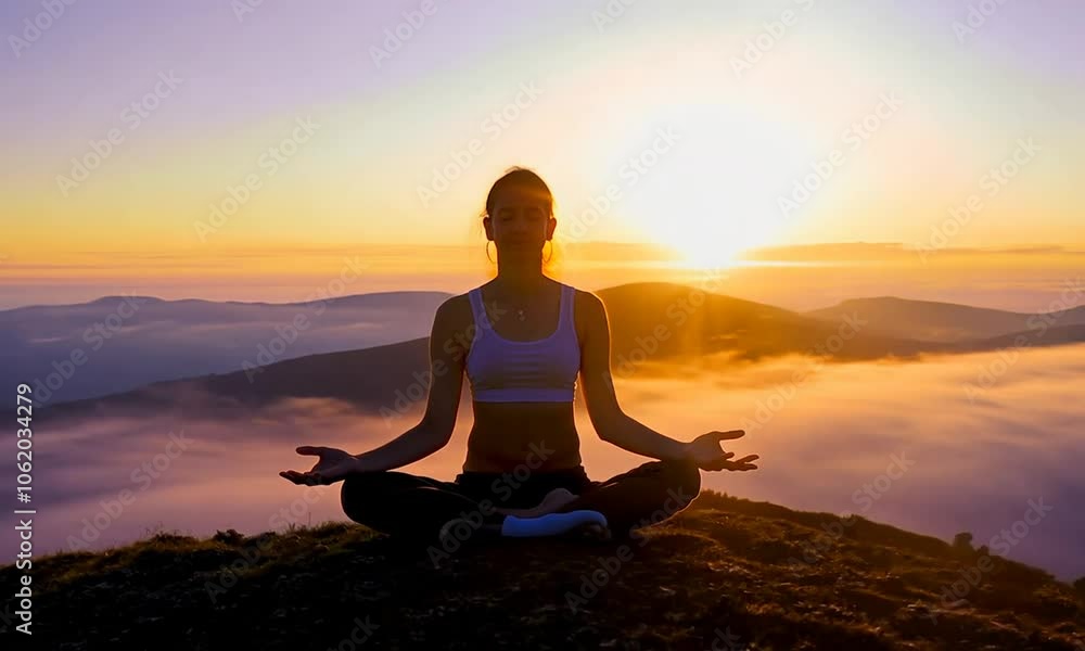 A woman meditates in a serene mountain setting at sunrise, surrounded by vibrant colors and calm atmosphere. A woman meditates in a serene mountain setting at sunrise, surrounded by vibrant colors and calm atmosphere.