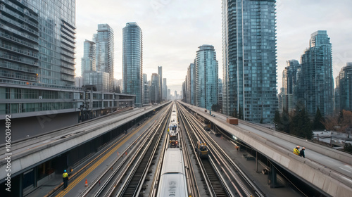 Skytrain Repair Station with Engineers Working on Elevated Tracks