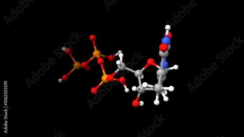 Structure of thymidine triphosphate. Animated 3D ball-and-stick and space-filled models, black background. photo