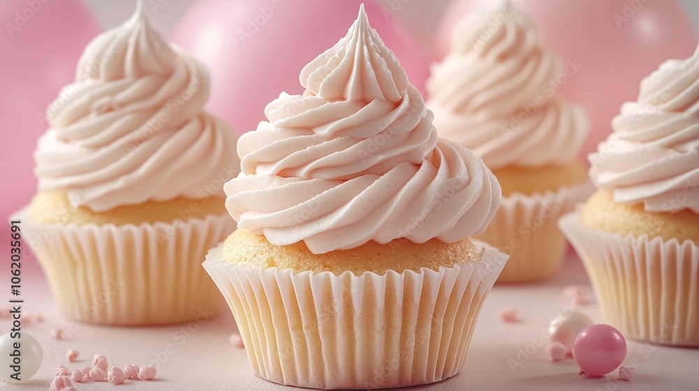 A delightful scene featuring frosted cupcakes with pink swirls, set against a soft pastel background, perfect for celebrations and sweet treats. A delightful scene featuring frosted cupcakes with pink swirls, set against a soft pastel background, perfect for celebrations and sweet treats.