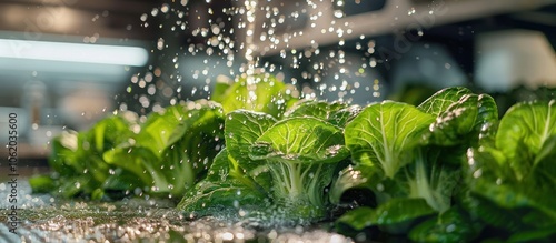 Close up view of water droplets showering down on vibrant green leaves in a flourishing well maintained garden The refreshing spray nourishes the vegetation promoting healthy growth and a lush