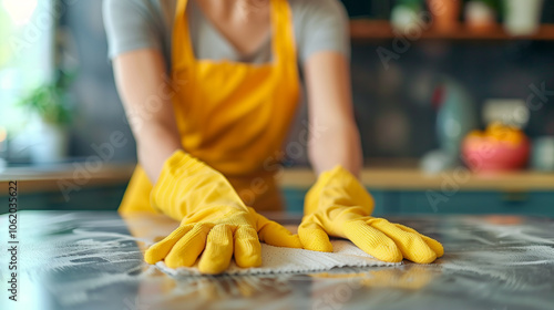 Woman in Yellow Gloves and Apron Cleaning a Surface with Cloth