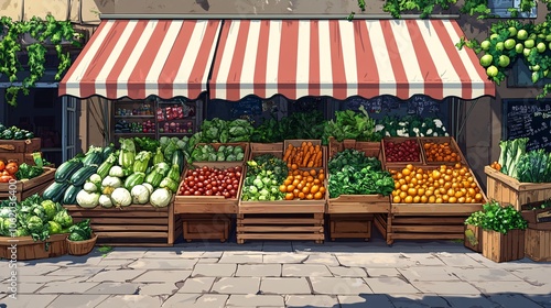 A vibrant outdoor market stall showcasing fresh fruits and vegetables beneath a striped awning, creating a colorful and inviting atmosphere. photo