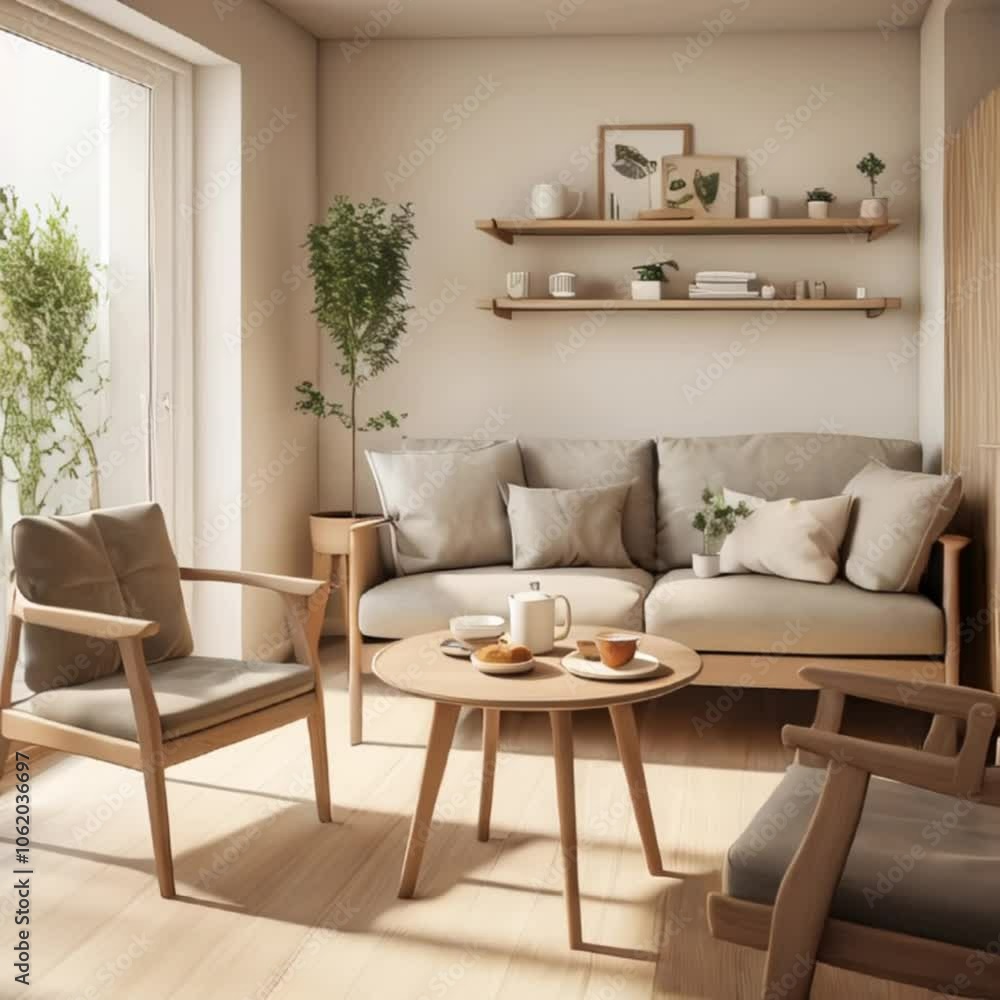 interior modern living room in white and brown tones, 3 d illustration
