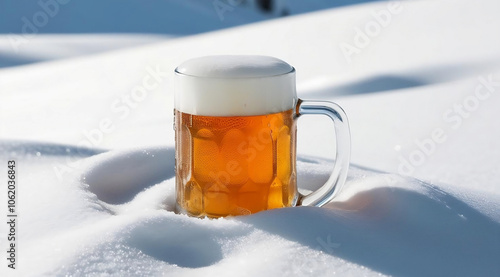 A frosty mug of beer with a creamy foam sits atop a blanket of white snow, creating a striking contrast between warm and cold.