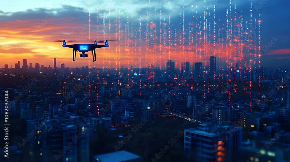 Drone Flying Over City at Dusk with Data Visualization - Illustration Drone Flying Over City at Dusk with Data Visualization - Illustration