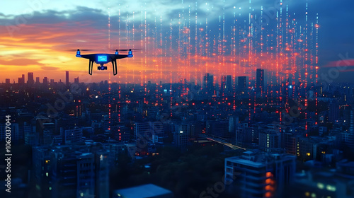 Drone Flying Over City at Dusk with Data Visualization - Illustration