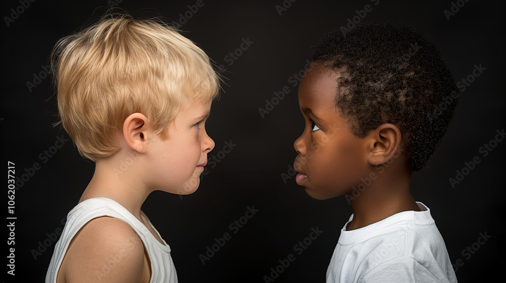 Niños mirándose frente a frente simbolizando diversidad e igualdad Niños mirándose frente a frente simbolizando diversidad e igualdad