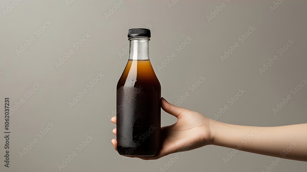 Hand Holding Cold Brown Beverage in Glass Bottle Hand Holding Cold Brown Beverage in Glass Bottle