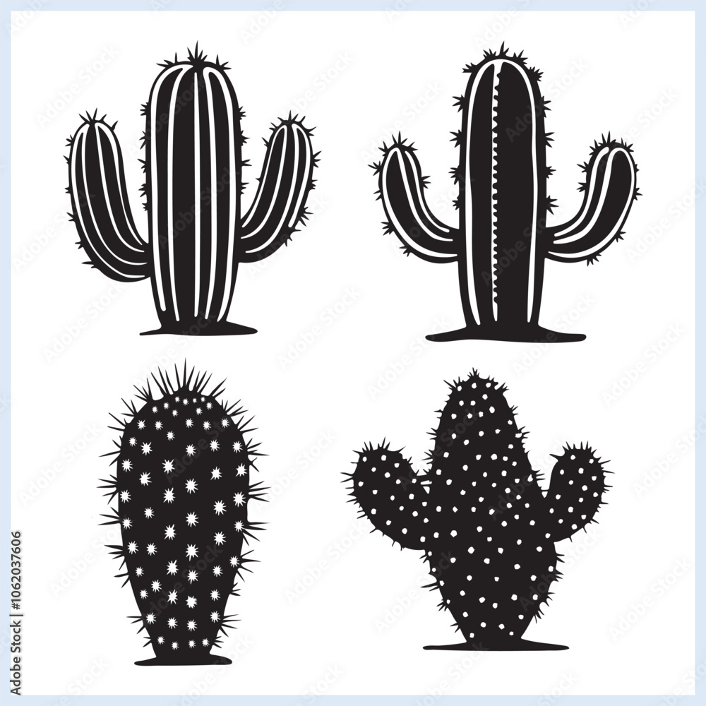 Cactus, Cactus black silhouette set, Cactus icon vector illustration, Landscape doodles isolated white background Cactus, Cactus black silhouette set, Cactus icon vector illustration, Landscape doodles isolated white background