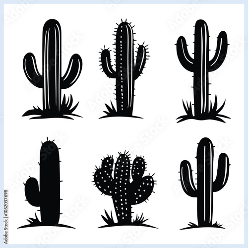 Cactus, Cactus black silhouette set, Cactus icon vector illustration, Landscape doodles isolated white background
