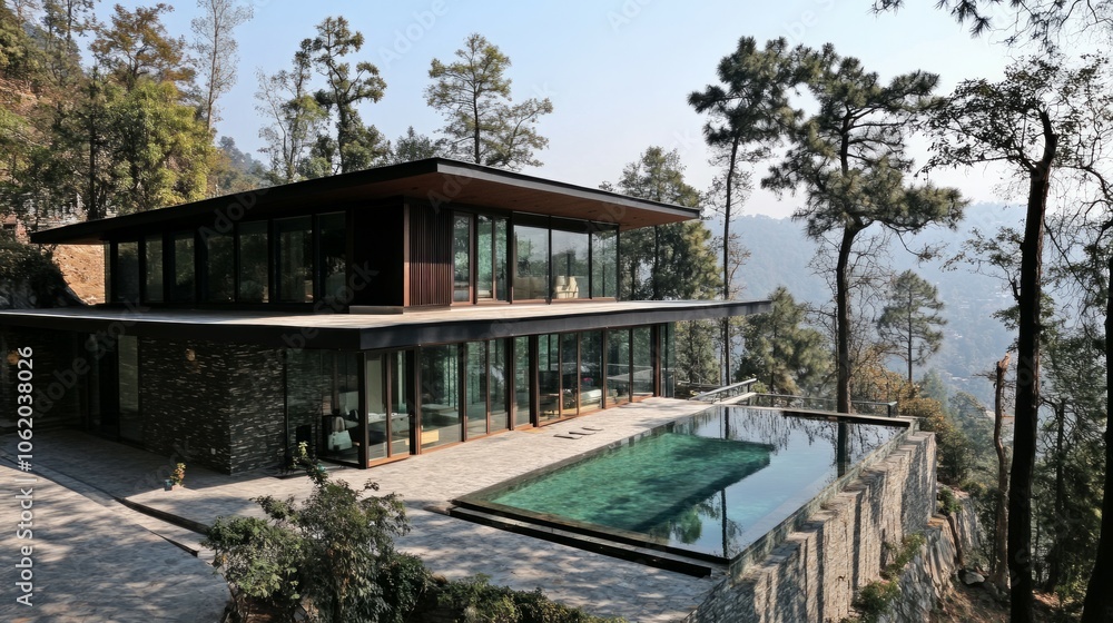 Fototapeta premium Modern luxury villa with swimming pool, outside view architecture