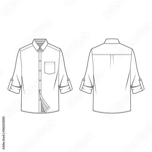 Technical drawing of a roll-up sleeve shirt with button placket, collar, front pocket, and yoke seam in minimalist line art style.
