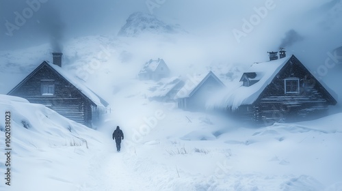 Remote Village in an Extreme Blizzard Scene