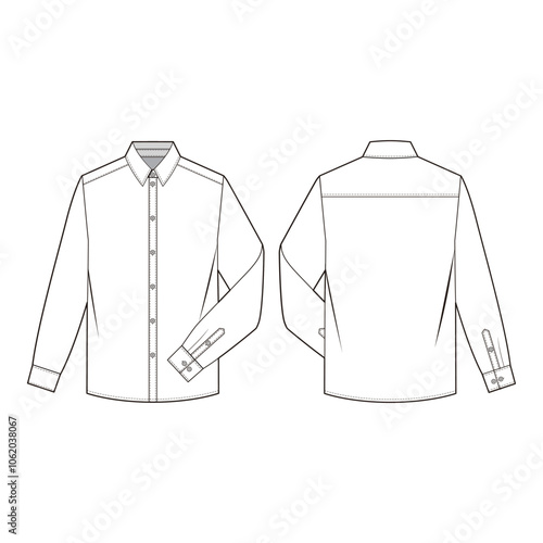 Long-sleeve shirt technical drawing with button placket, classic collar, cuff details, and back yoke seam in minimalist line art style.
