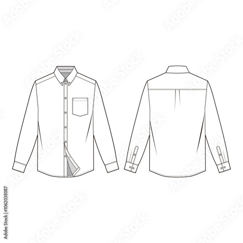 Long-sleeve shirt technical drawing with front pocket, button placket, classic collar, and yoke seam in minimalist style.
