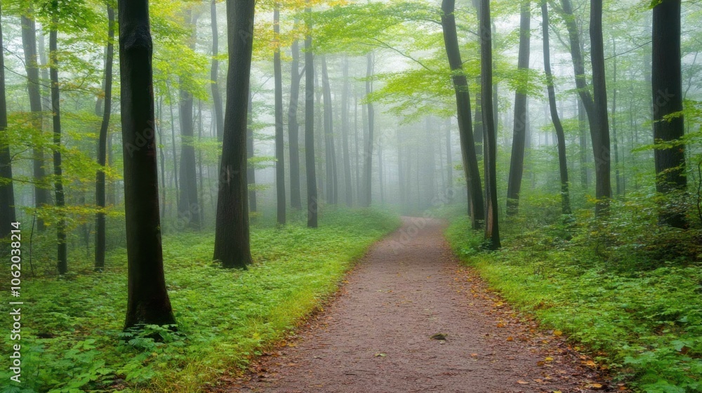 Fototapeta premium Moody forest trail with fog enveloping the tall trees, creating an ethereal and mysterious feel