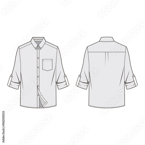 Short-sleeve shirt technical drawing with classic collar, button placket, front and back yoke seams, minimalist design.
