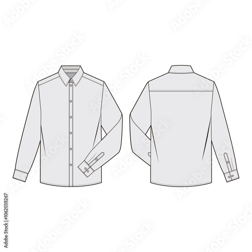 Long-sleeve shirt with classic collar, button placket, yoke seam, and cuff details in minimalist line art style.
