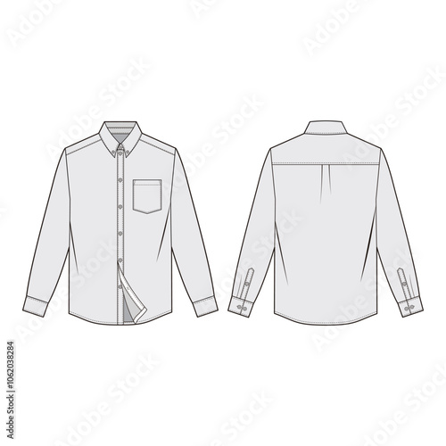 Long-sleeve shirt with front pocket, button placket, classic collar, and yoke seam, technical illustration in minimalist line art.
