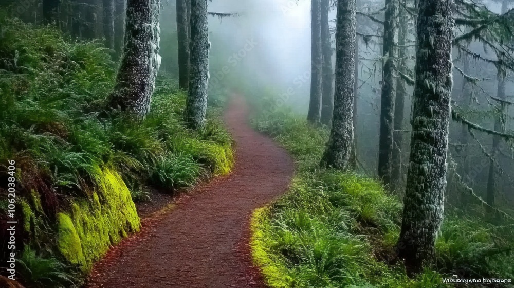 Obraz premium Moody forest trail with fog enveloping the tall trees, creating an ethereal and mysterious feel