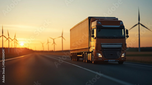 Wallpaper Mural truck drives through scenic wind farm at sunset, highlighting renewable energy Torontodigital.ca